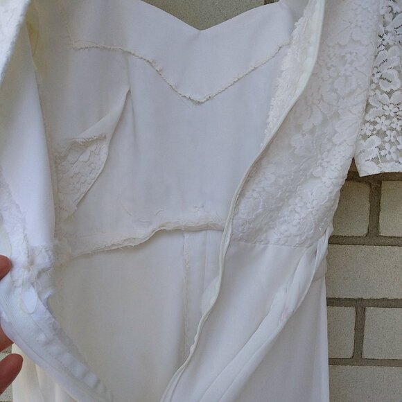 Vintage White Party Dress 29" Bust Bridal Gown Lace Flounce Sleeves Pink Flowers - Picture 15 of 15